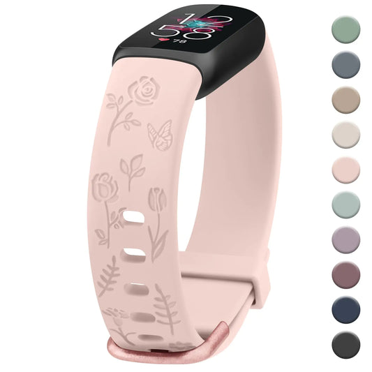 AK Floral Engraved Band Compatible with Fitbit Luxe Bands for Women Soft Replacement Sport Straps Wristbands for Fitbit Luxe Fitness and Wellness Tracker (Light Pink)