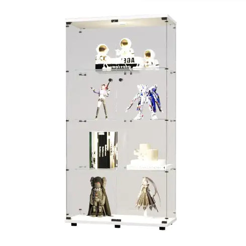 Two-door LED Lights Glass Display Cabinet 4 Shelves With Door, Floor Standing Curio Bookshelf For Living Room Bedroom Office, 64.7x31.7x14.3, White